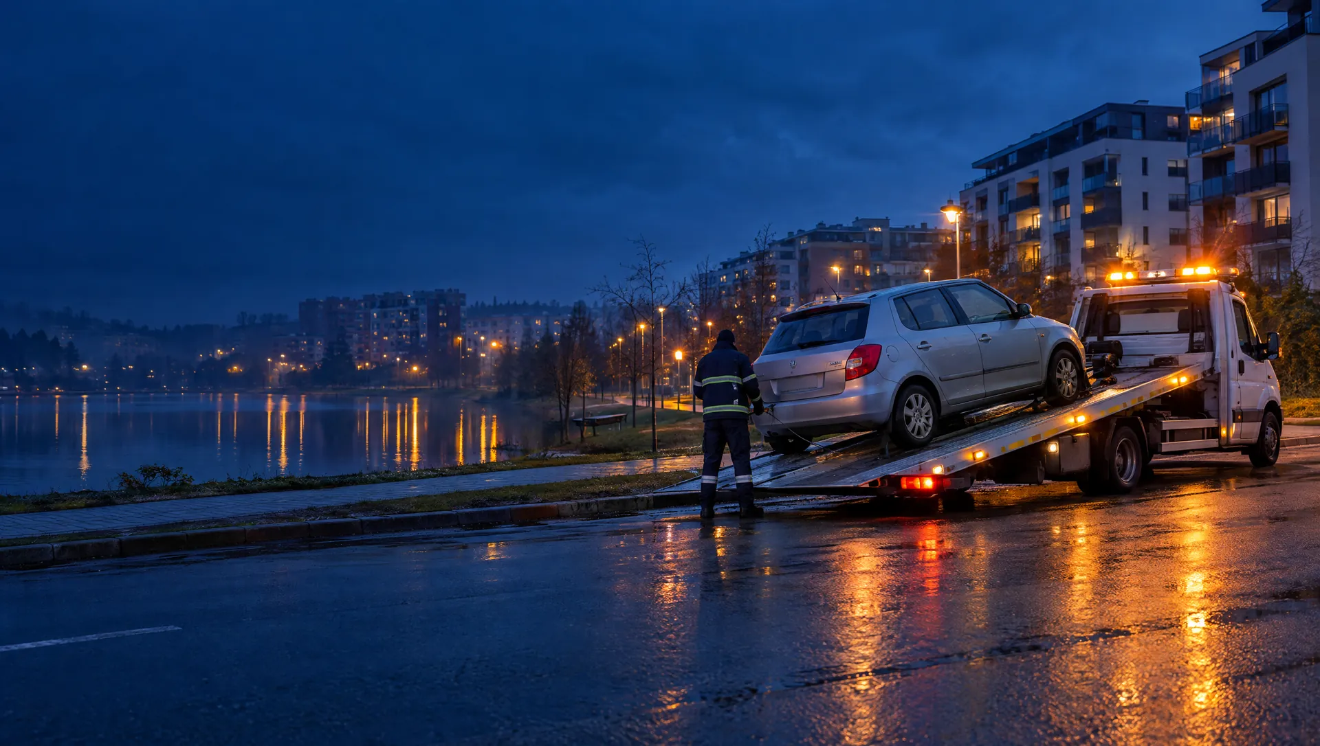 Bílý odtahový vůz s majáky nakládá Škodu Fabii u jezírka v Centrálním parku ve Stodůlkách za modré hodiny