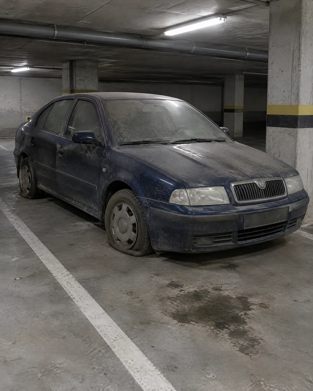Zaprášená Škoda Octavia s prázdnými pneumatikami v podzemní garáži bytového domu